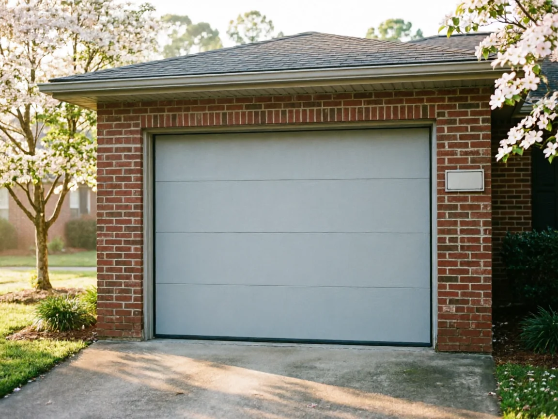 A light gray garage door is installed in a red brick house.